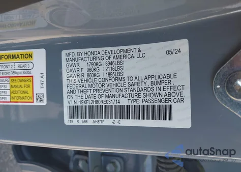 2024 Honda Civic Sport z USA, uszkodzony, nr VIN 19XFL2H80RE031714